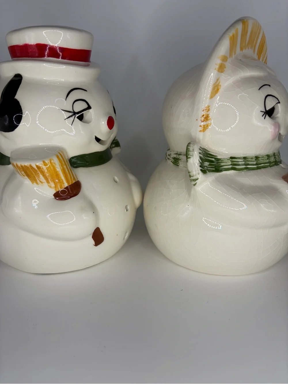 Vintage ceramic Mr. and Mrs. Snowman Candle/ Light Cover Set